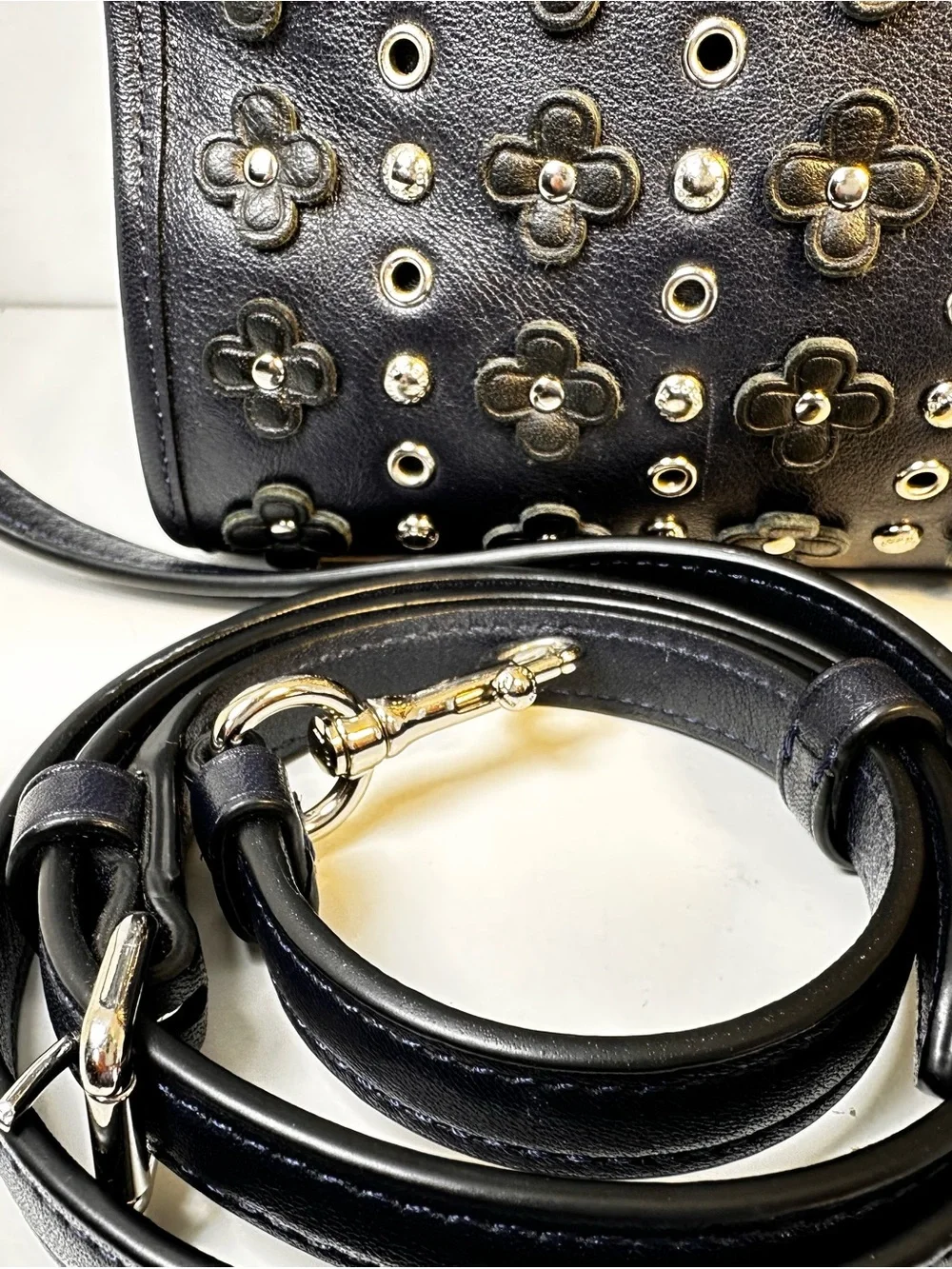 Coach Navy Blue Leather Studded Floral Satchel with Removable Strap - Picture 3 of 13